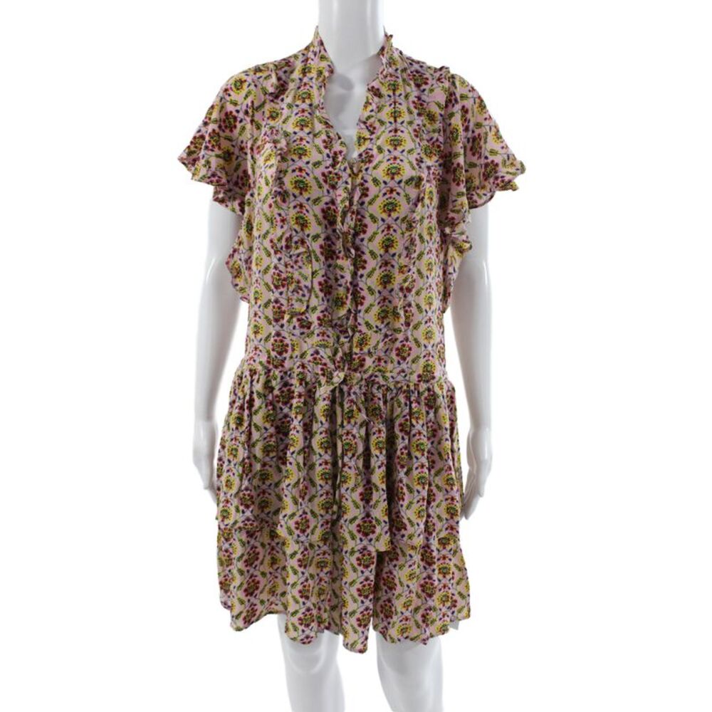 Banjanan Womens Pink Silk Floral V Neck Short Sleeve Mini Dress Button Size XS